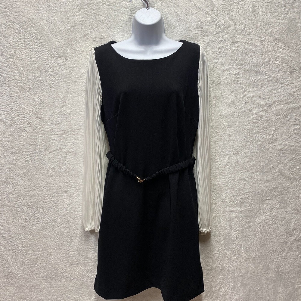 DKNY Sheath Dress 12 Black Classy Cocktail Party Belted Pleated Long Sleeve Midi